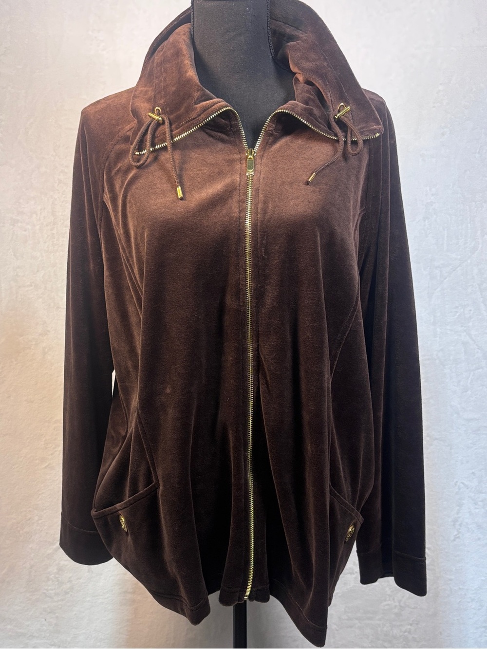 Jones New York Sport Women's Full-Zip Velour Sweater Chocolate Pockets NWT Sz 3X